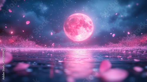 Pink Moonlit Cherry Blossom Lake Scene
