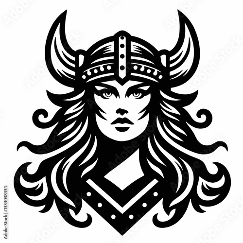 Vector illustration of a female viking warrior with horned helmet and long curly hair