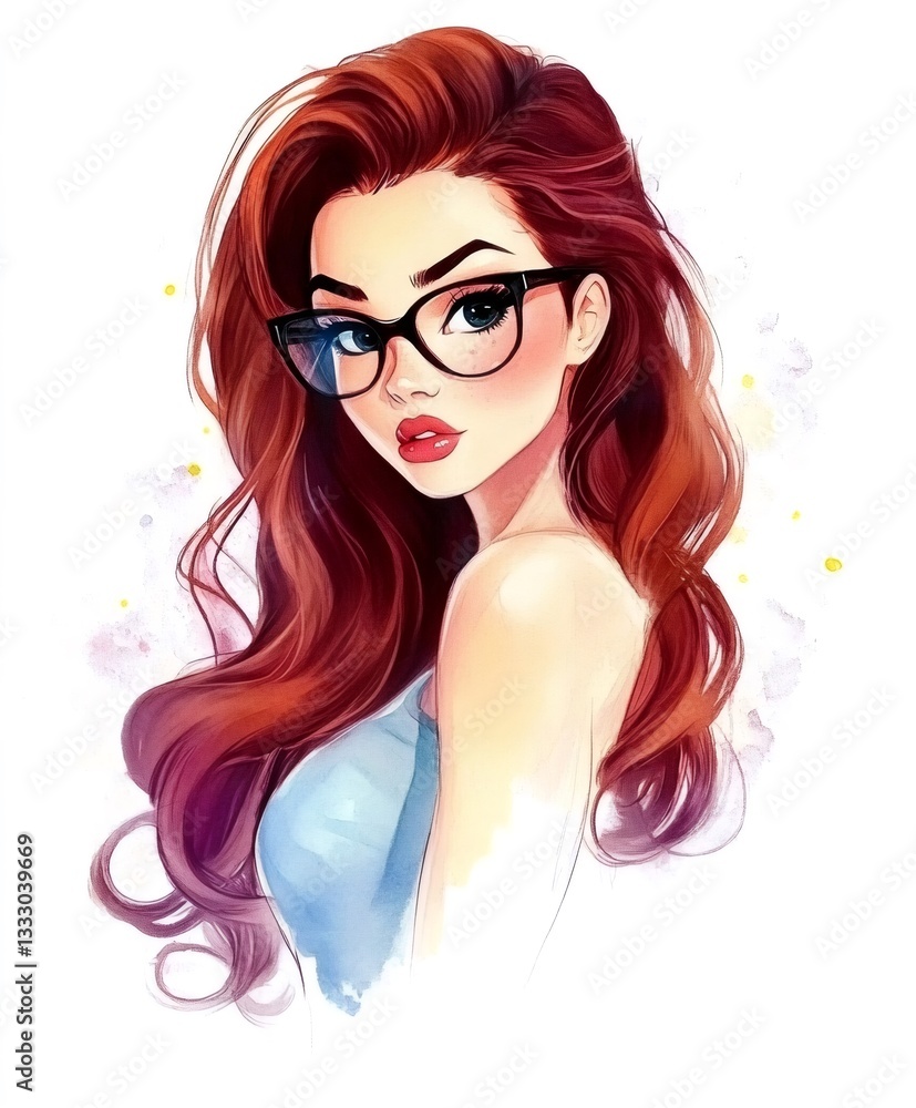 Stylish woman with long red hair and glasses looking over her shoulder Stylish woman with long red hair and glasses looking over her shoulder