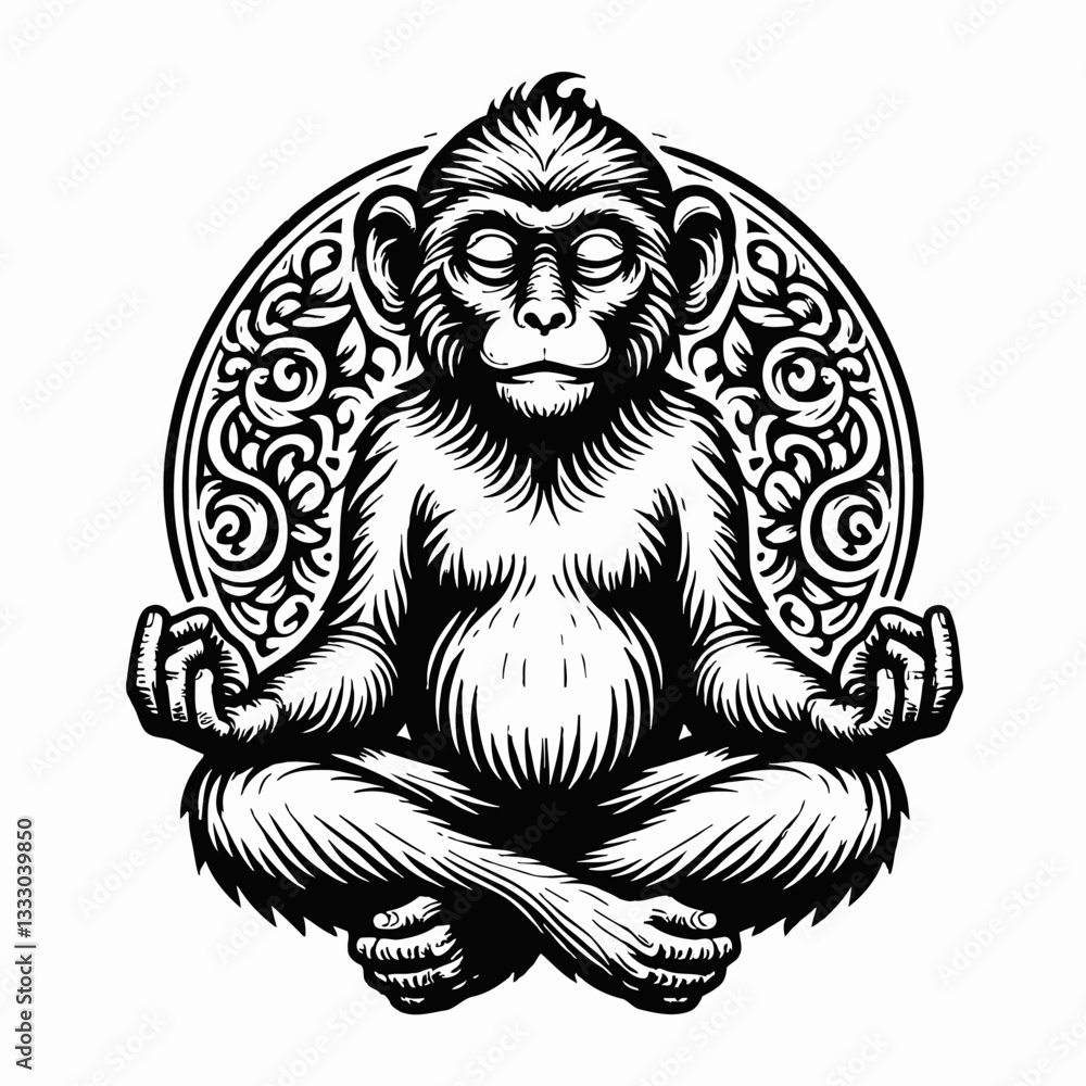 Obraz premium Monkey Meditation in Lotus Position with Ornamental Circle Frame Black and White Vector Illustration