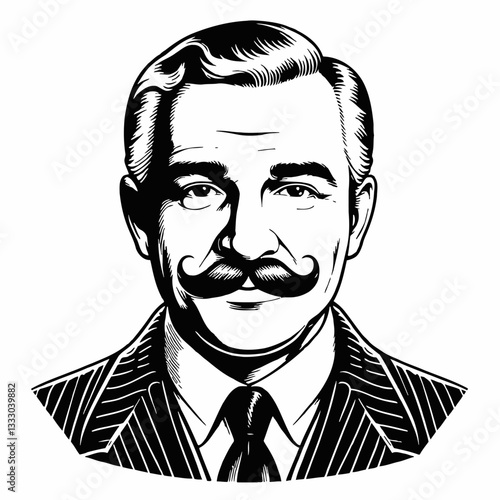 Vintage Portrait of Man with Moustache in Suit Detailed Black and White Outline Line Art