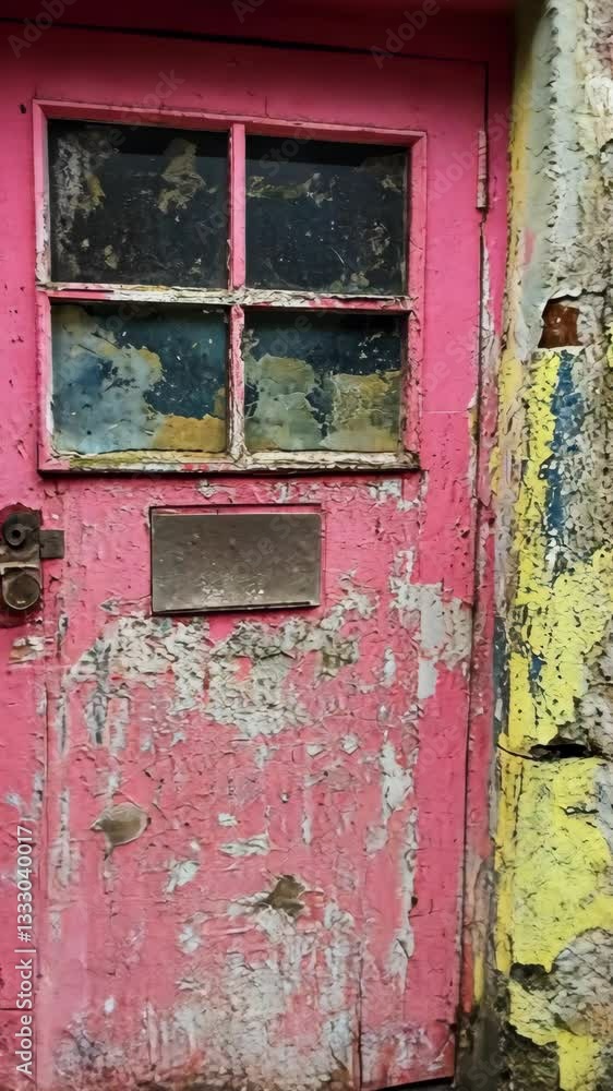 Vibrant pink door with peeling paint and textured wall in an urban alley during daylight Vibrant pink door with peeling paint and textured wall in an urban alley during daylight