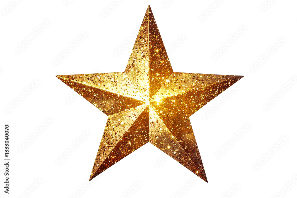 Fototapeta premium Golden glittering five-pointed star object, isolated over black background, cut out transparent