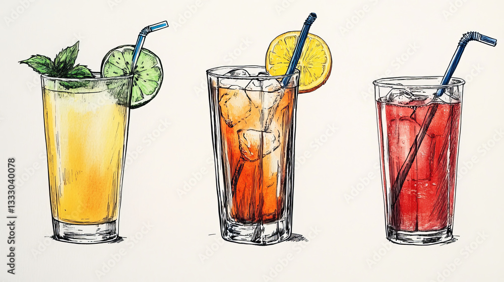 Sketch summer drinks. Glass of soft drink, cold fruit juice and colorful coctalis hand drawn vector illustration set. Drink cocktail glass, juice fruit healthy Sketch summer drinks. Glass of soft drink, cold fruit juice and colorful coctalis hand drawn vector illustration set. Drink cocktail glass, juice fruit healthy