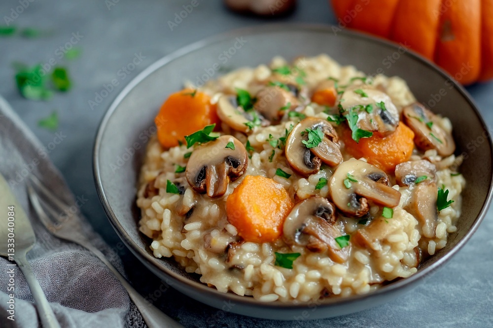A bowl of creamy risotto featuring tender mushrooms and pumpkin pieces, garnished with fresh herbs, arranged on a rustic table setting with soft lighting A bowl of creamy risotto featuring tender mushrooms and pumpkin pieces, garnished with fresh herbs, arranged on a rustic table setting with soft lighting