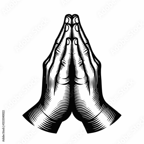 Illustration of praying hands with detailed line art drawing vector in black and white