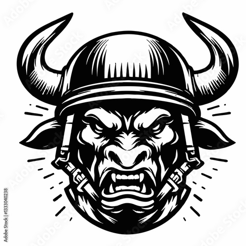 Monochrome Bull Head with Horns and Helmet Vector Illustration
