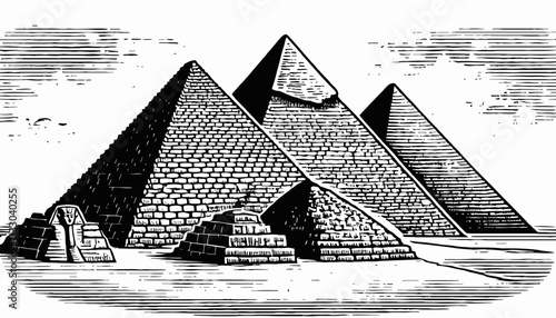 Egyptian Pyramids in Black and White Engraving Style Vector Illustration