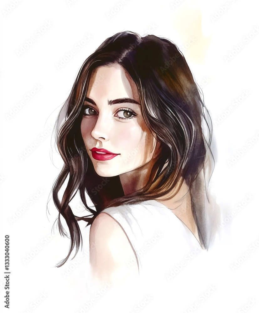 Fashion illustration of a brunette woman with red lipstick, looking over her shoulder Fashion illustration of a brunette woman with red lipstick, looking over her shoulder