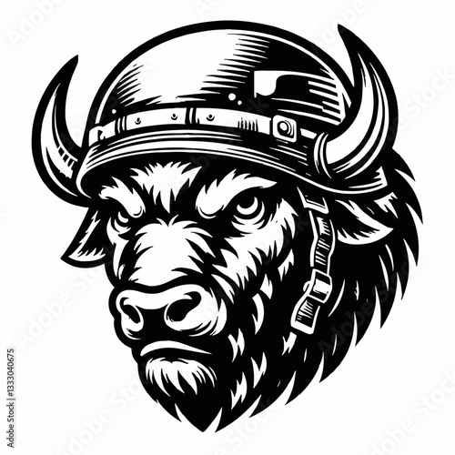 Bison Head with Military Helmet Mascot Vector Illustration in Black and White