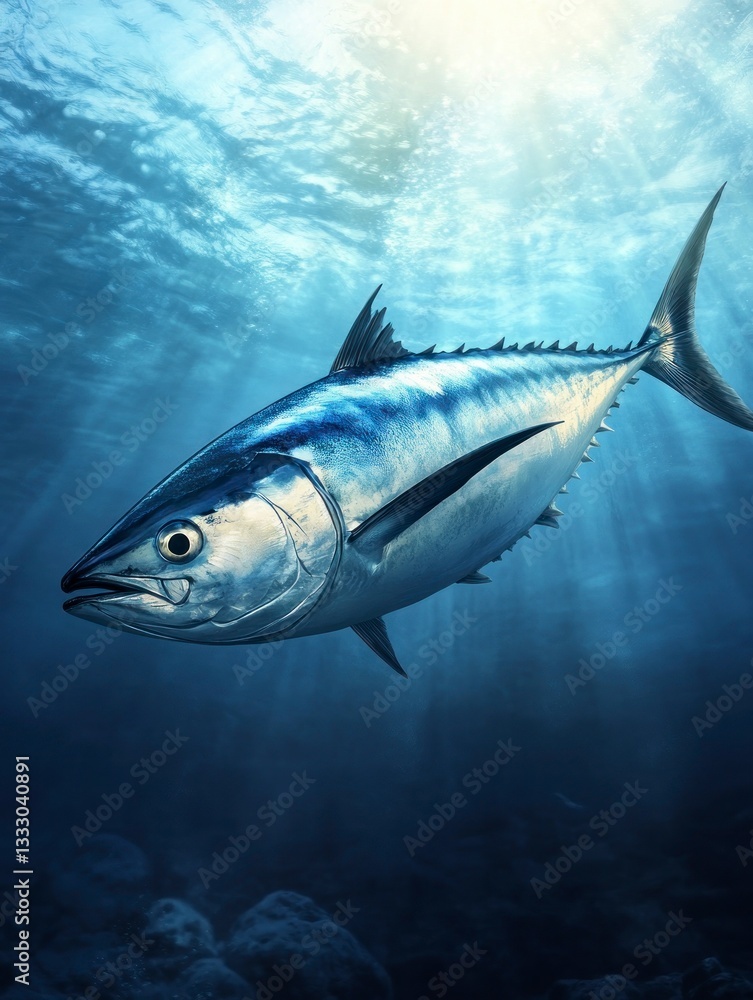 Swimming Tuna Fish in Deep Blue Ocean with Sun Rays Underwater Swimming Tuna Fish in Deep Blue Ocean with Sun Rays Underwater