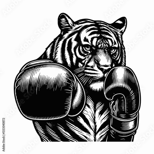 Tiger Boxer Ready to Fight with Boxing Gloves in Black and White Engraving Style