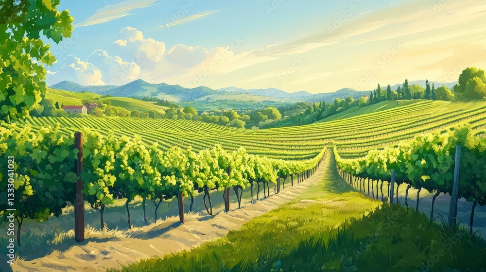Fototapeta premium Scenic Vineyard Landscape Rolling Hills and Grape Vines Rows