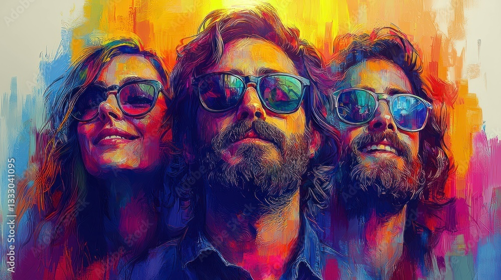 Three people with sunglasses, smiling, painted with vivid colors Three people with sunglasses, smiling, painted with vivid colors