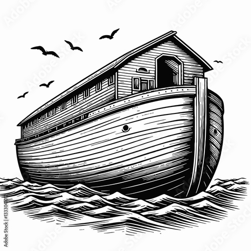 Noah's Ark Illustration on Water with Birds in Black and White Woodcut Style