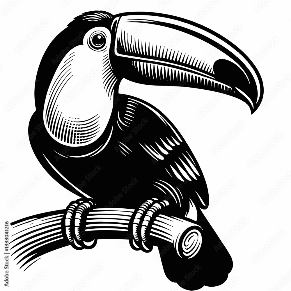 Fototapeta premium Vector Illustration of a Toucan Perched on a Branch, Black and White Design