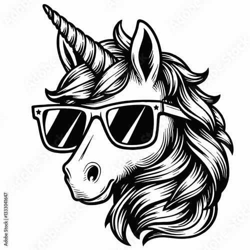Cool Unicorn Wearing Sunglasses, Black and White Vector Illustration for Merchandise and Prints