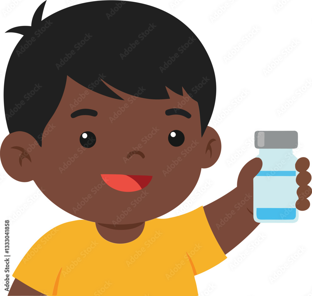 A cheerful young boy with dark hair holding a small vaccine bottle, designed in a flat vector illustration style showcasing health awareness and positivity A cheerful young boy with dark hair holding a small vaccine bottle, designed in a flat vector illustration style showcasing health awareness and positivity