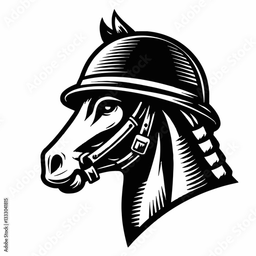 Horse Head with Helmet Black and White Vector Illustration