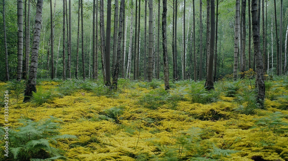 Obraz premium Mystical Birch Forest with Vibrant Yellow Undergrowth in Natural Light