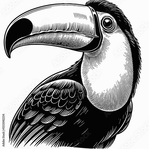 Detailed Black and White Vector Illustration of a Toucan Head