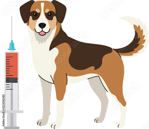 A friendly dog standing beside a large syringe in a flat vector illustration showcasing pet healthcare and vaccination awareness with a cheerful tone
