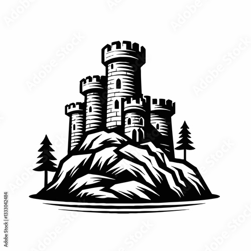 Vector image of a castle on a hill with trees in black and white simple detailed vector