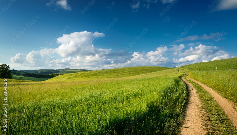 a grassy field with a dirt road in the background a grassy field with a dirt road in the background