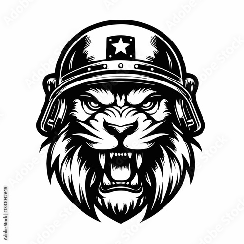 Illustration of a Lion Head with Military Helmet in Black and White Vector