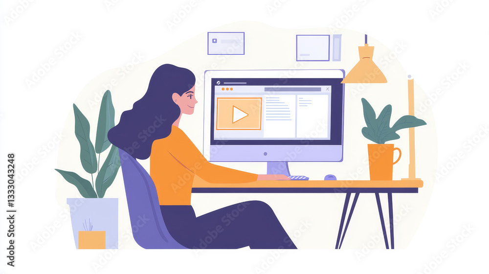 Video conference. Woman at home chatting with friends on computer screen, online communication with coworkers, video chat vector concept. Internet meeting with colleagues, having e-learning Video conference. Woman at home chatting with friends on computer screen, online communication with coworkers, video chat vector concept. Internet meeting with colleagues, having e-learning