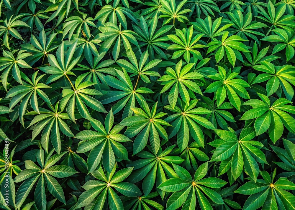 Aerial View of Lush Green Cassava Leaves, Farmland, Agriculture Aerial View of Lush Green Cassava Leaves, Farmland, Agriculture