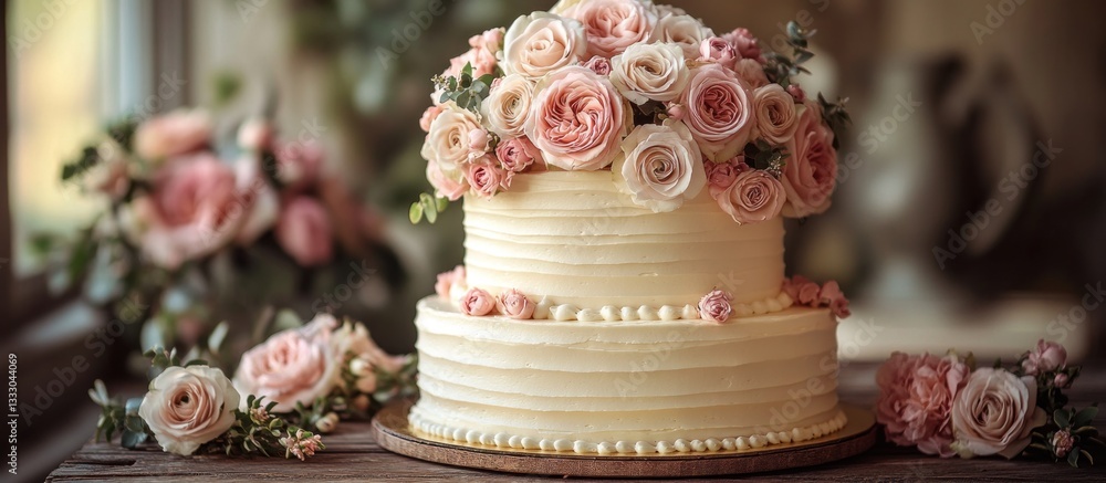 Two-tiered wedding cake adorned with pink roses on a wooden table Two-tiered wedding cake adorned with pink roses on a wooden table