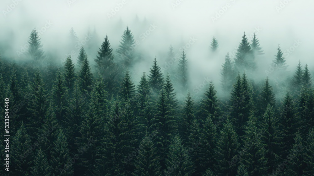 Misty Dark Green Evergreen Forest Aerial View Misty Dark Green Evergreen Forest Aerial View