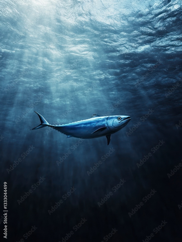 Naklejka premium Tuna Swimming Gracefully Underwater with Sun Rays Through Dark Ocean Depth