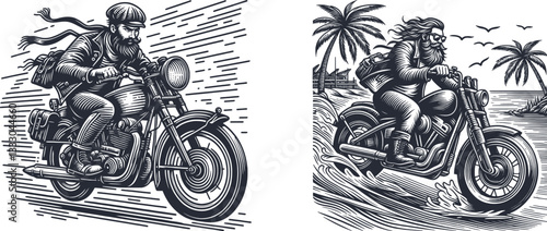set of bearded man riding a motorcycle at high speed in a tropical beach vector illustration, engraving sketch ink poster black illustration etching style tattoo
