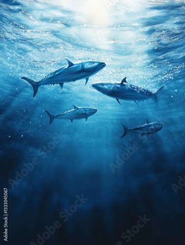 Wallpaper Mural Tuna School Swimming Underwater with Sunlight and Sea Bubbles Illustration Torontodigital.ca