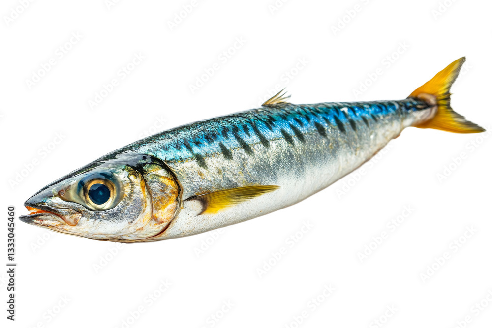 Fresh mackerel fish with iridescent skin, golden fins, cut out transparent Fresh mackerel fish with iridescent skin, golden fins, cut out transparent