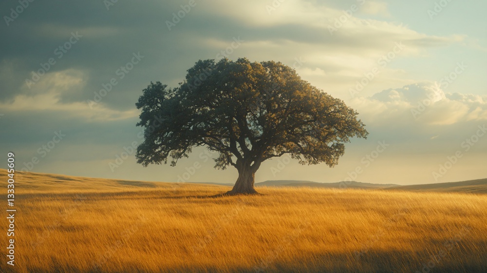 A solitary tree stands in a golden field under a partly cloudy sky. The scene evokes peace and tranquility. A solitary tree stands in a golden field under a partly cloudy sky. The scene evokes peace and tranquility.