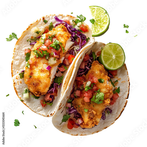A Crispy Fried Fish Taco with Cabbage Salsa and Lime Isolated on Transparent Background