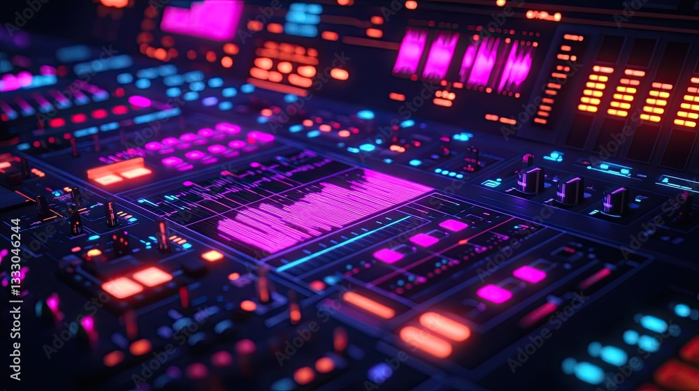 Sound Mixing Interface A digital interface showcasing colorful sound waves and controls. Sound Mixing Interface A digital interface showcasing colorful sound waves and controls.