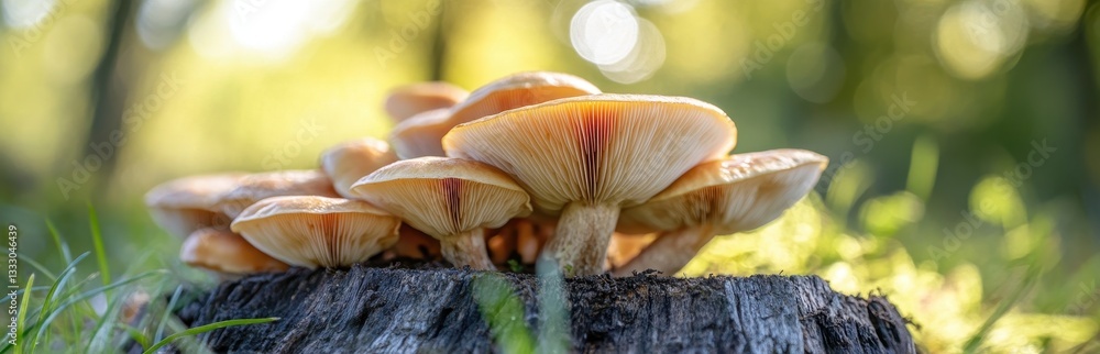 Cluster of mushrooms growing on a tree stump in a sunlit forest clearing. Cluster of mushrooms growing on a tree stump in a sunlit forest clearing.