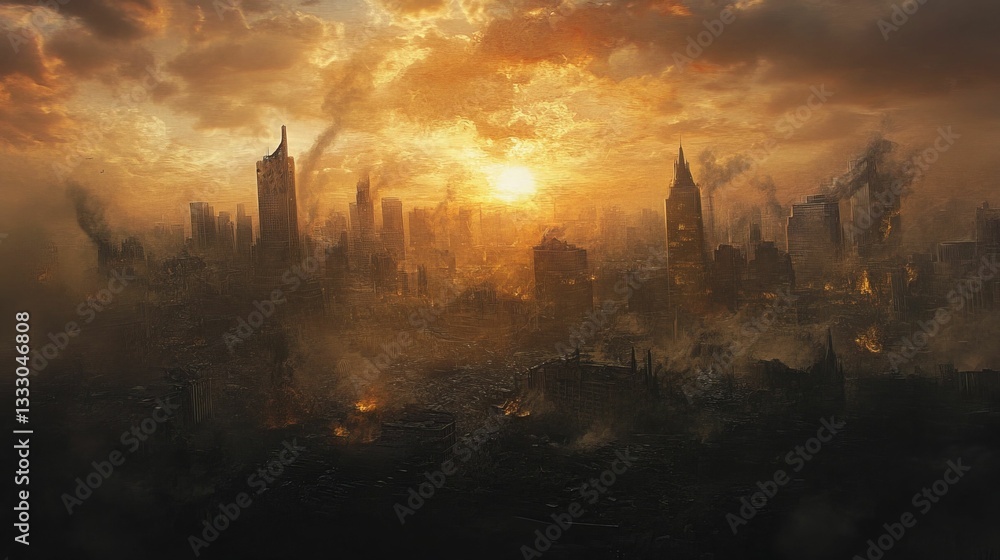 Fototapeta premium Destroyed city skyline burning orange sky