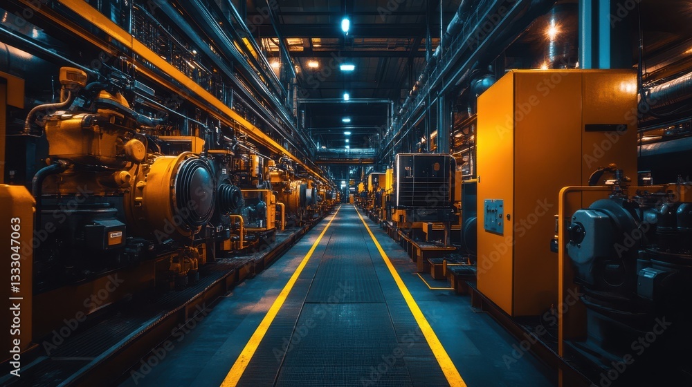 Industrial generator room, diesel engines and power backup units neatly arranged, operational detail and technical layout. Industrial generator room, diesel engines and power backup units neatly arranged, operational detail and technical layout.