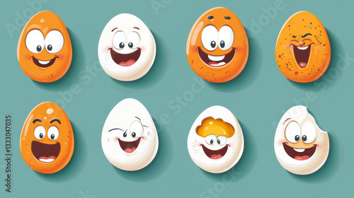 Cute egg faces. Cartoon funny doodle happy characters, easter egghead kawaii emoji flat comic emotion mascot kid stickers. Vector isolated set. Fried and boiled food. Cracked eggshell