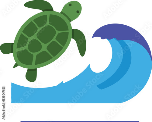 A green turtle gracefully leaping above vibrant blue waves in a flat design style vector art