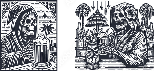 set of depicting a skeleton figure in a hooded robe holding a beer mug in a tiki bar vector illustration, engraving sketch ink poster black illustration etching style tattoo