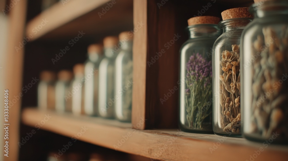 Close-up of glass jars filled with dried herbs and flower on a wooden shelf in a cozy setting Close-up of glass jars filled with dried herbs and flower on a wooden shelf in a cozy setting