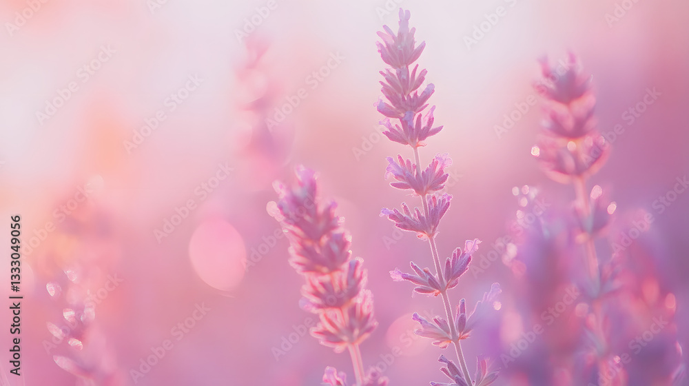 Obraz premium Lavender stalks reach towards the soft, rosy light. Delicate blooms in shades of lavender and pink create a dreamy, ethereal scene, enhanced by a gentle bokeh effect.
