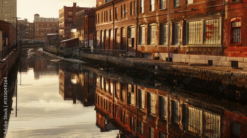 Fototapeta premium Serene canal view reflecting historic brick buildings at sunset, showcasing urban tranquility