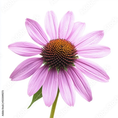A vibrant purple flower with green leaves set against a clean white background.